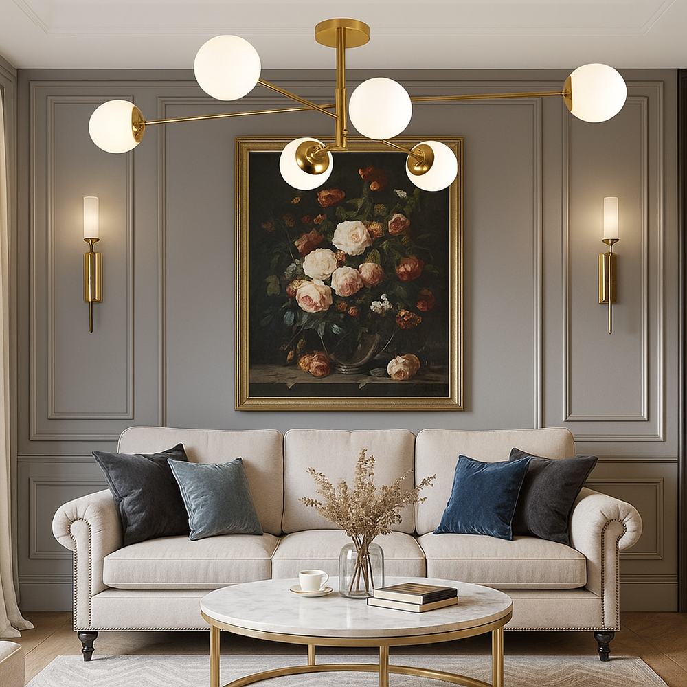 Lustra moderna aurie 9867-6 cu 6 globuri din sticla mata si soclu G9, iluminat pentru living sau dining