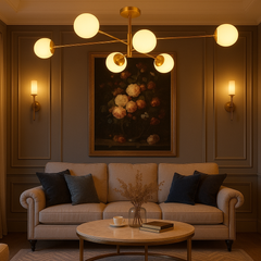 Lustra moderna aurie 9867-6 cu 6 globuri din sticla mata si soclu G9, iluminat pentru living sau dining