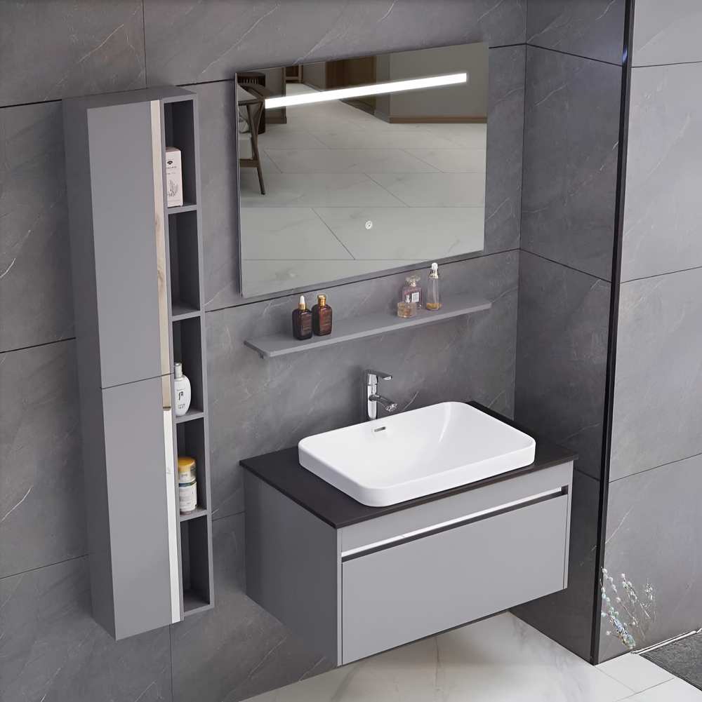 Set baie modern 3 piese cu oglinda LED cu dezaburire, blat piatra sinterizata si lavoar ceramic, dulap 60 cm gri.