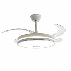 Lustră LED cu ventilator și boxă Bluetooth A103L-M, LED 50W, ventilator 30W, pale retractabile transparente, telecomandă, imagine produs pe fundal alb.