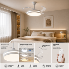 Lustra LED cu ventilator A111L pentru dormitor, design modern alb cu pale retractabile transparente, iluminare LED reglabilă și telecomandă inclusă.