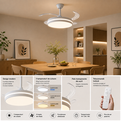 Lustra LED cu ventilator de tavan A111L instalată într-o sufragerie modernă, iluminare LED 50W, ventilator silențios 30W, pale retractabile și telecomandă.