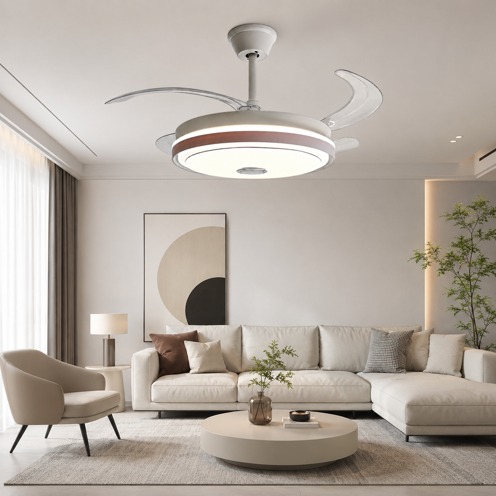 Lustră LED cu ventilator de tavan A127L-M montată în living modern, cu pale retractabile, iluminare LED reglabilă și difuzor Bluetooth integrat.
