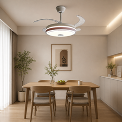 Lustră LED cu ventilator de tavan A127L-M deasupra mesei din dining, design modern cu pale retractabile, iluminare LED și difuzor Bluetooth.