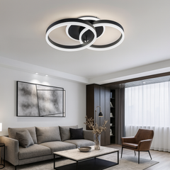 Lustra LED neagra cu 2 cercuri suprapuse, 96W, montata in living modern, lumină reglabila cu telecomanda