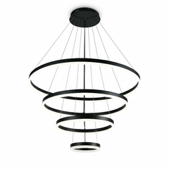 Lustra LED patru cercuri negru 80cm cu telecomanda, design modern suspendat, imagine produs PNG fundal transparent