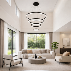 Lustra LED patru cercuri negru 80cm cu telecomanda, lumina ajustabila, instalata modern in living elegant