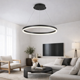 Lustra LED cerc rotund negru Ø60cm cu telecomanda in living modern minimalist