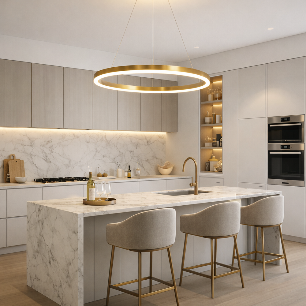 Lustra LED cerc rotund auriu Ø60cm cu telecomanda in bucatarie moderna cu insula