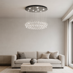 Candelabru LED 4000K cu cristale in living elegant, 45W, iluminare clara si uniforma, design rafinat pentru spatii moderne