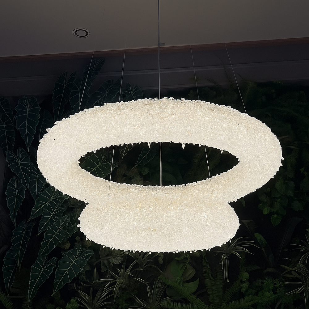 Pendul LED dublu rotund auriu Ø600+Ø400 cu telecomanda, lumina ajustabila ambientala in living modern.