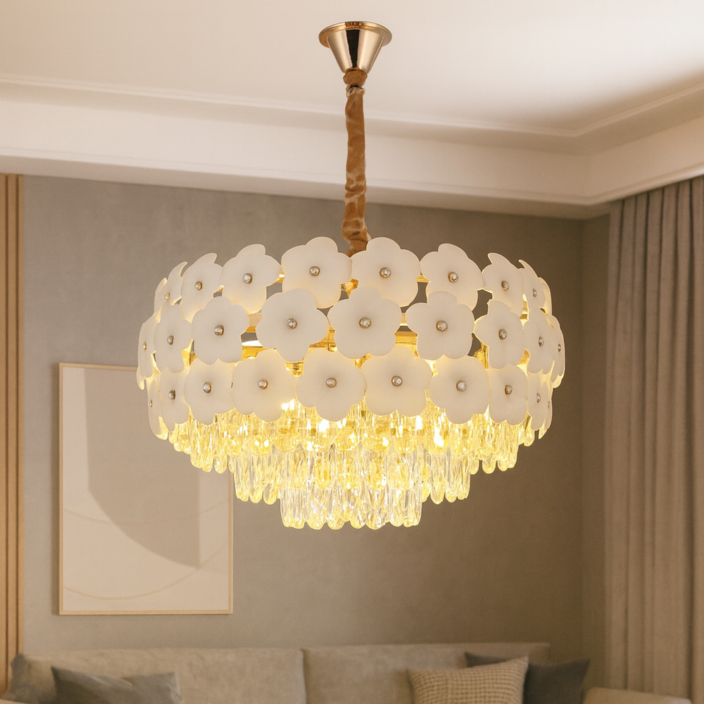 Candelabru floral Ø600 mm auriu cu 10 surse E27, design elegant cu elemente transparente, lumină amplă pentru living rafinat.