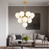 Lustra LED auriu 13 globuri sticla mata, iluminare eleganta pentru living modern