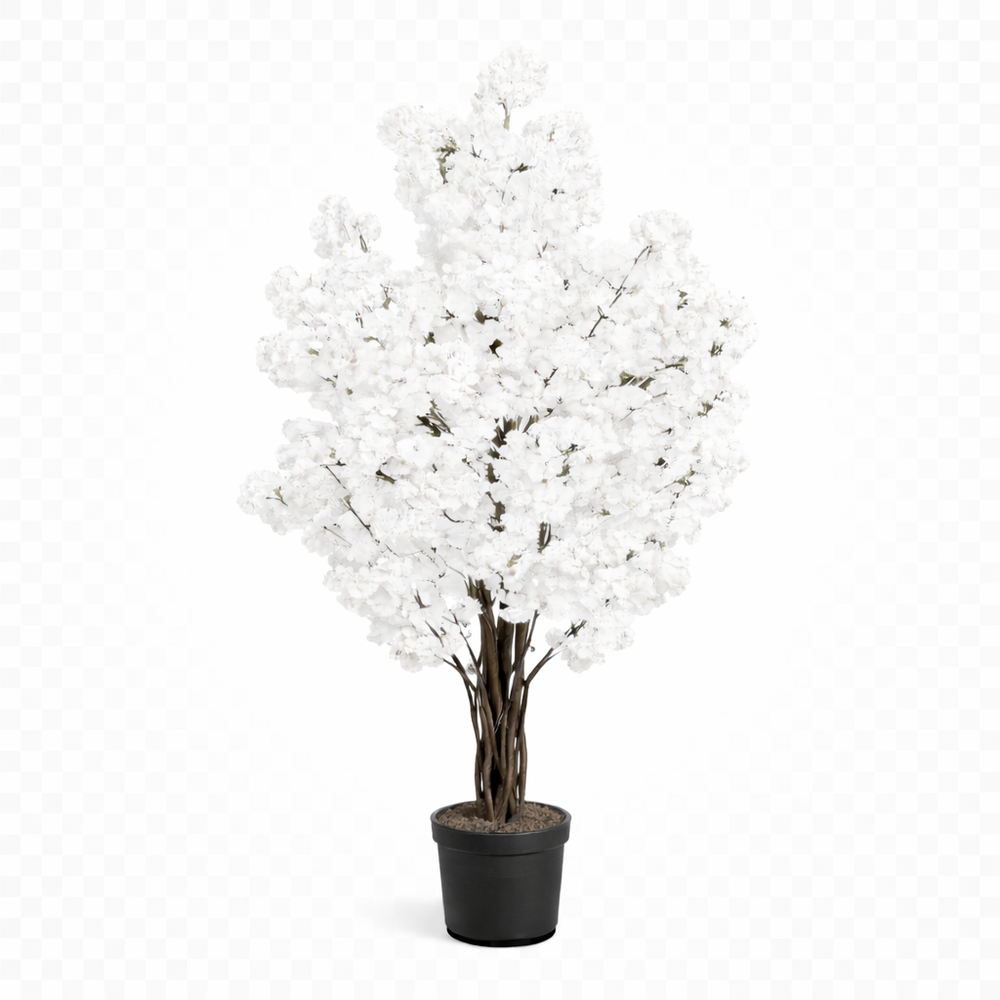 Copac artificial 180 cm cu flori albe, design bogat cu vite impletite, in ghiveci, decor elegant pentru living sau hotel