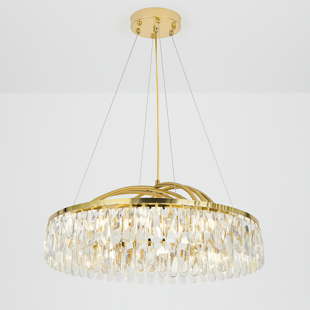 Candelabru rotund bronz cu cristale si LED integrat, iluminare eleganta pentru living modern, diametru 610 mm