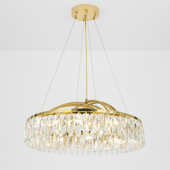 Candelabru rotund bronz cu cristale si LED integrat, iluminare eleganta pentru living modern, diametru 610 mm