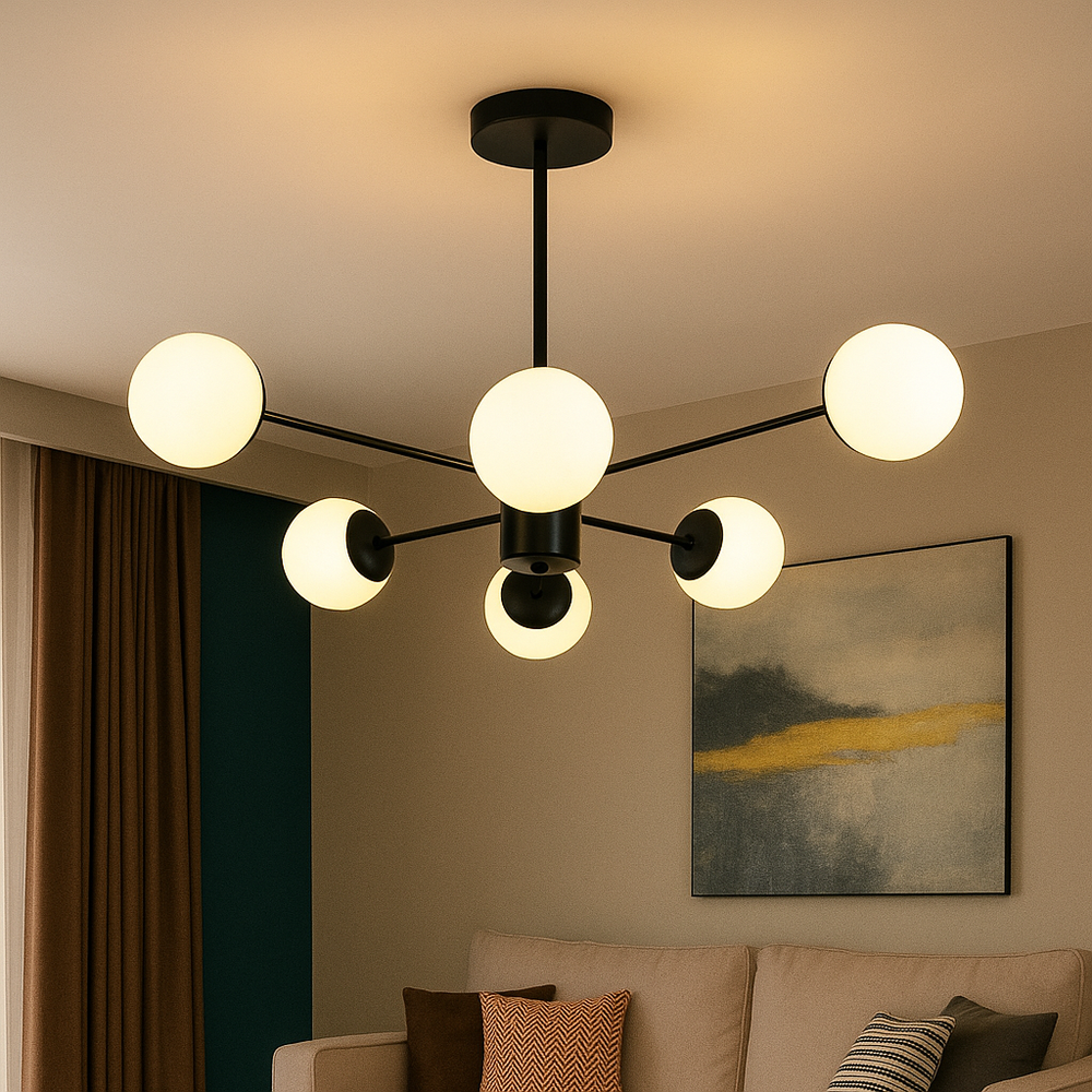 Lustra LED 9856-6 negru mat, formata din 6 globuri mate, iluminand un living modern cu luminare calda si uniforma