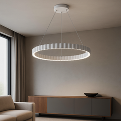 Lustra LED rotunda alba 500mm suspendata in living modern, 62W, lumina reglabila cu telecomanda