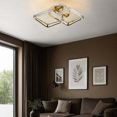 Lustra LED patrata aurie P013-2 cu telecomanda, montata in living modern, lumina LED puternica si reglabila pentru ambient elegant