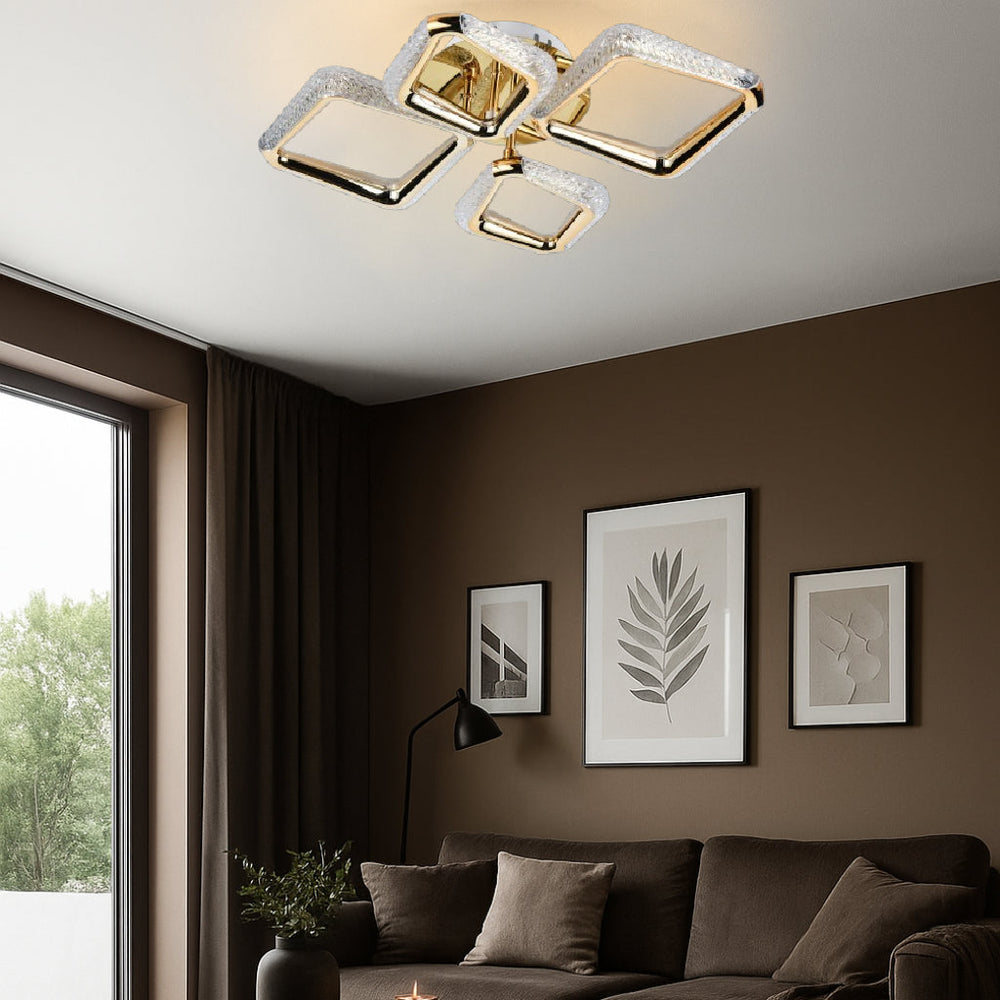 Lustra LED patrata aurie P013-2+2 cu telecomanda, montata in living modern, iluminare LED puternica si reglabila