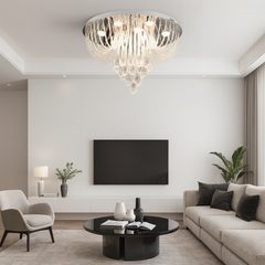 Lustra LED rotunda cu cristal, 9 surse si putere 45W, montata pe tavan in living modern, iluminare uniforma cu lumina neutra 4000K.