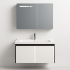 Set baie cu oglinda LED 60x70, dulap asimetric si lavoar alb negru, design modern pentru baie.