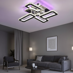 Lustra LED patrata 2x72W cu efecte RGB si lumina reglabila 3500K-6500K cu telecomanda 2.4G, montata in living modern pentru iluminare decorativa si dinamica