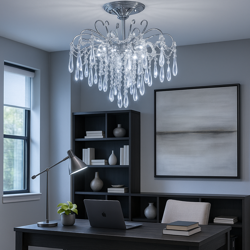 Candelabru rotund crom cu cristale K9, 5 becuri E27, lumina ambientala eleganta pentru birou si studiu