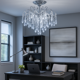 Candelabru rotund crom cu cristale K9, 5 becuri E27, lumina ambientala eleganta pentru birou si studiu