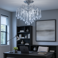 Candelabru rotund crom cu cristale K9, 5 becuri E27, lumina ambientala eleganta pentru birou si studiu