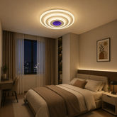 Plafoniera LED rotunda 6039/300D WH Dormitor modern cu lustra LED rotunda alba cu cercuri, telecomanda, lumina reglabila si detaliu violet, ambient cald si relaxant