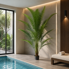 Plantă artificială Howea Forsteriana verde, 230 cm, palmier Kentia decorativ pentru living, birou, hotel, restaurant și spații comerciale.
