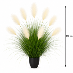 Planta Artificială Iarbă Ornamentală, 110 cm, 9 tulpini, Stuf și Iarbă, Verde deschis și alb, Fără Ghiveci