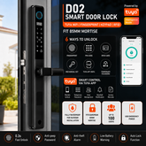 Încuietoare inteligentă D02 pentru uși metalice și uși blindate cu broască europeană 85 mm, control prin aplicația TUYA Smart, deblocare cu amprentă digitală, cod PIN, card RFID, cheie mecanică și telefon, design impermeabil pentru exterior, culoare negru mat.