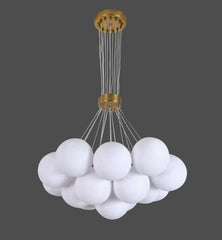 Lustra LED auriu mat 14 globuri sticla mata, iluminare decorativa premium pentru bar si bar counter