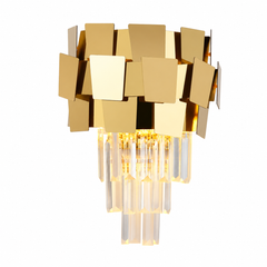 Aplică de Perete cu Cristal 5580-2W GD aurie, 2 socluri E27, metal și cristale transparente, corp de iluminat de perete, imagine produs pe fundal alb.