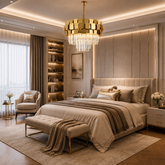 Candelabru cu Cristal 5580-400 GD cu finisaj auriu și cristale transparente instalat într-un dormitor elegant, iluminare luxoasă și decor rafinat.