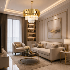 Candelabru cu Cristal 5580-400 GD auriu montat în living modern, corp de iluminat elegant cu cristale premium și design contemporan.