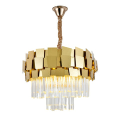 Candelabru cu Cristal 5580-400 GD auriu, 5 socluri E27, metal și cristale transparente, corp de iluminat suspendat, imagine produs pe fundal alb.