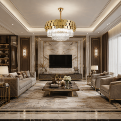 Candelabru cu Cristal 5580-500 GD auriu montat în living modern, corp de iluminat elegant cu cristale premium și design contemporan.