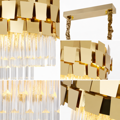 Candelabru cu Cristal 5580-800×300 GD auriu, cu 8 socluri E27 și cristale transparente, corp de iluminat modern suspendat, imagine produs pe fundal alb.