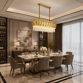 Candelabru cu Cristal 5580-800×300 GD auriu montat deasupra mesei din dining, design rectangular elegant cu cristale premium și iluminare luxoasă.