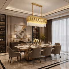 Candelabru cu Cristal 5580-800×300 GD auriu montat deasupra mesei din dining, design rectangular elegant cu cristale premium și iluminare luxoasă.