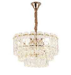 Candelabru modern auriu cu cristale 98046/400FG si 5 becuri E27, ideal pentru dining elegant cu iluminare uniforma si decor sofisticat.