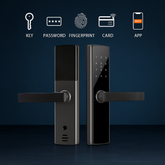 Incuietoare inteligenta LUBAN neagra pentru usa din lemn, cu amprenta, PIN, card, Tuya si cheie mecanica. Design premium si montaj usor.