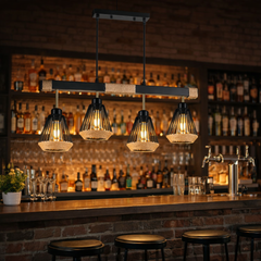 Pendul LED JD-66 cu 4 surse E27 instalat deasupra barului, iluminat decorativ si puternic pentru ambient modern