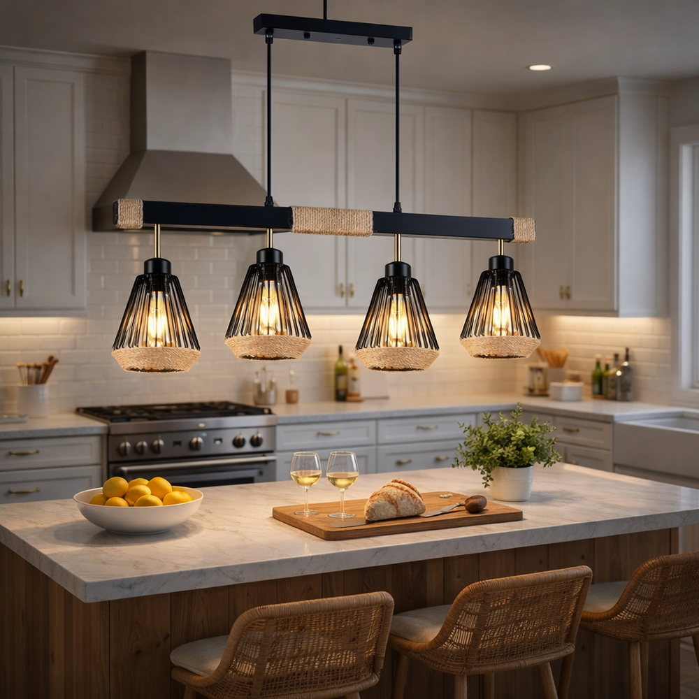 Pendul LED JD-66 E27 cu 4 surse montat in bucatarie moderna, iluminat principal uniform pentru spatiu functional