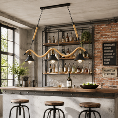 Lustră JD-76 montată într-un bar cu design rustic-industrial, realizată din frânghii decorative și metal, cu becuri Edison E27 și atmosferă vintage.