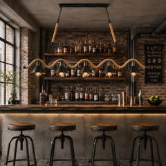 Pendul LED JD-77 montat într-un bar în stil industrial, corp de iluminat suspendat cu frânghie decorativă, abajururi negre și dulii E27.