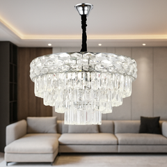 Candelabru rotund crom Ø500 mm cu 8 socluri E27, montat in living spatios, iluminare generoasa personalizabila, design elegant si clasic